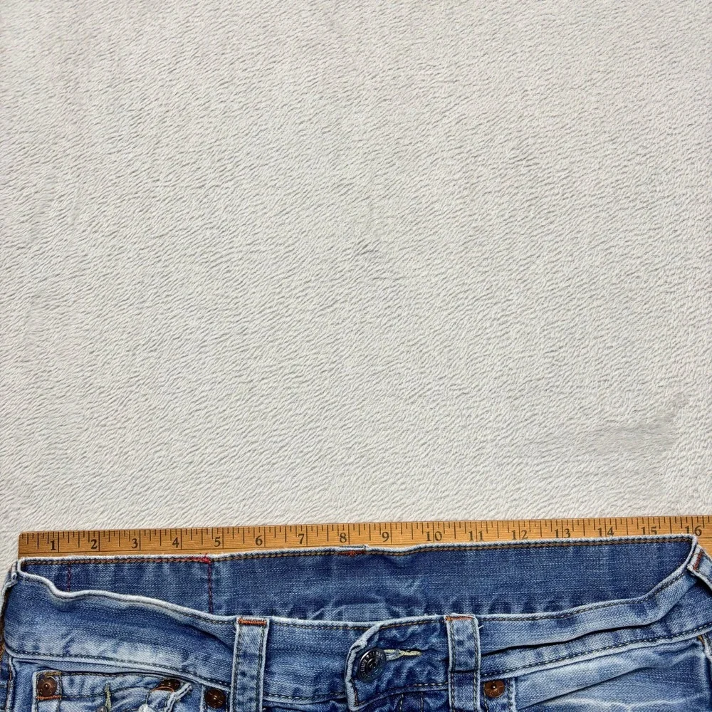 True‎ Religion Slim Fit Blue Denim Jeans Mens 31x33 Flap Pockets Whiskering Fade